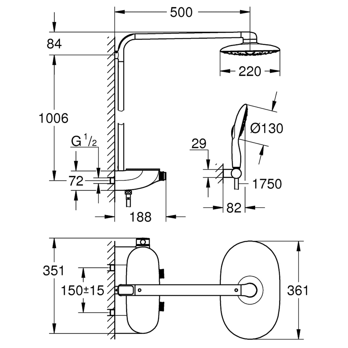 Grohe Rainshower System SmartControl 360 MONO Duvara Monte Termostatik Bataryalı Duş Kolonu - Teknik Çizim