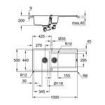 Grohe K500 Kompozit Damlalıklı 1,5 Gözlü Eviye, Granit Siyah - Teknik Çizim