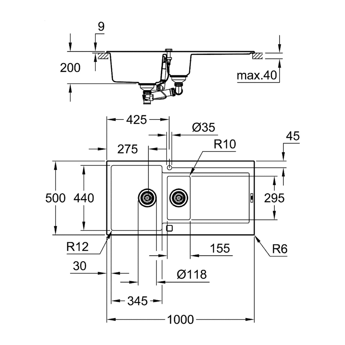 Grohe K500 Kompozit Damlalıklı 1,5 Gözlü Eviye, Granit Siyah - Teknik Çizim
