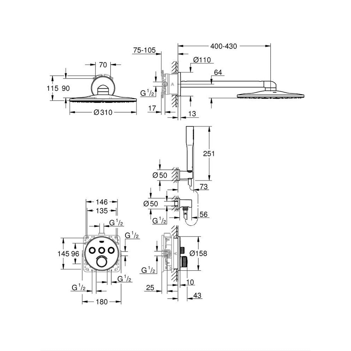 Grohe SmartControl Ankastre Duş Seti - Teknik Çizim