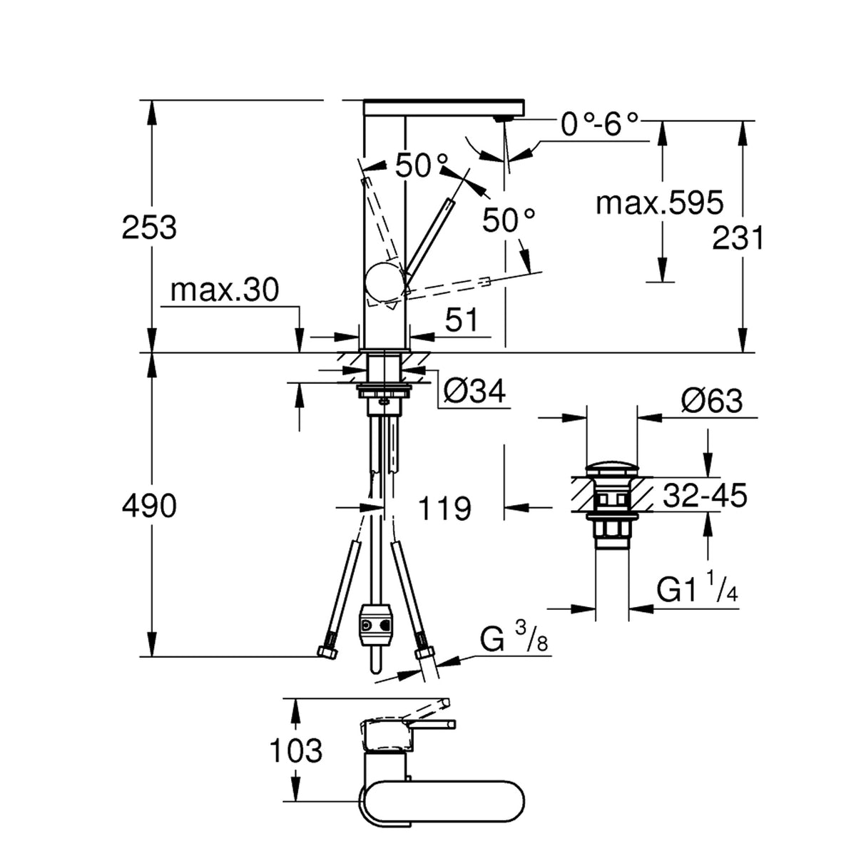 Grohe Plus Spiralli Yüksek Lavabo Bataryası - Teknik Çizim