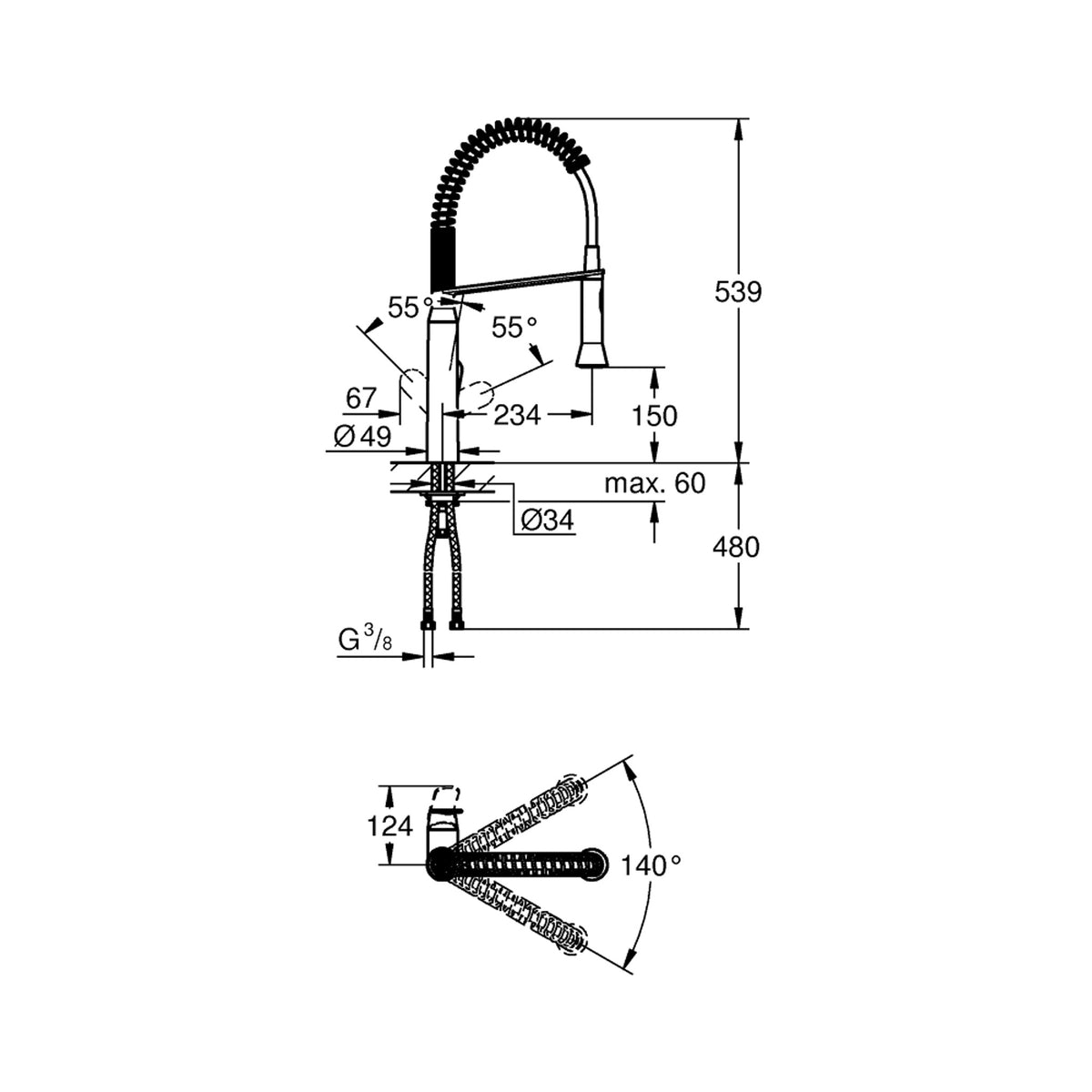 Grohe K7 Eviye Bataryası - Teknik Çizim