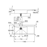 Grohe K1000 Damlalıklı Tek Gözlü Eviye, Paslanmaz Çelik (Sağ Damlalıklı, 116x52 cm) - Teknik Çizim