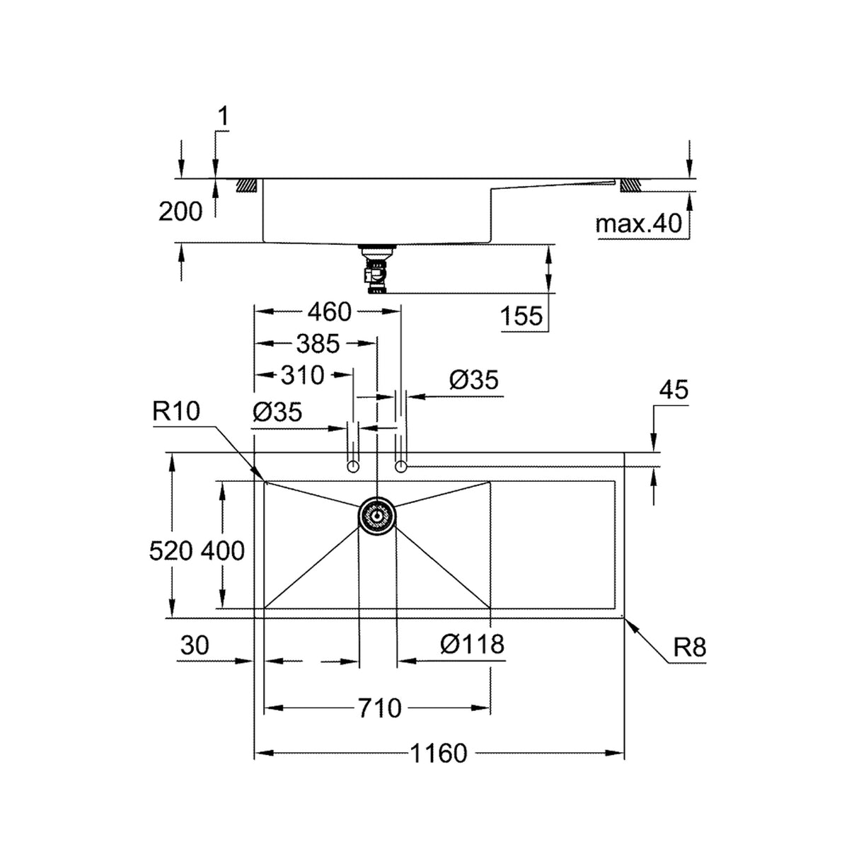 Grohe K1000 Damlalıklı Tek Gözlü Eviye, Paslanmaz Çelik (Sağ Damlalıklı, 116x52 cm) - Teknik Çizim