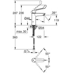 Grohe Eurosmart Termostatik Özellikli Doktor/Bedensel Engelli Lavabo Bataryası (M-Boy) - Teknik Çizim