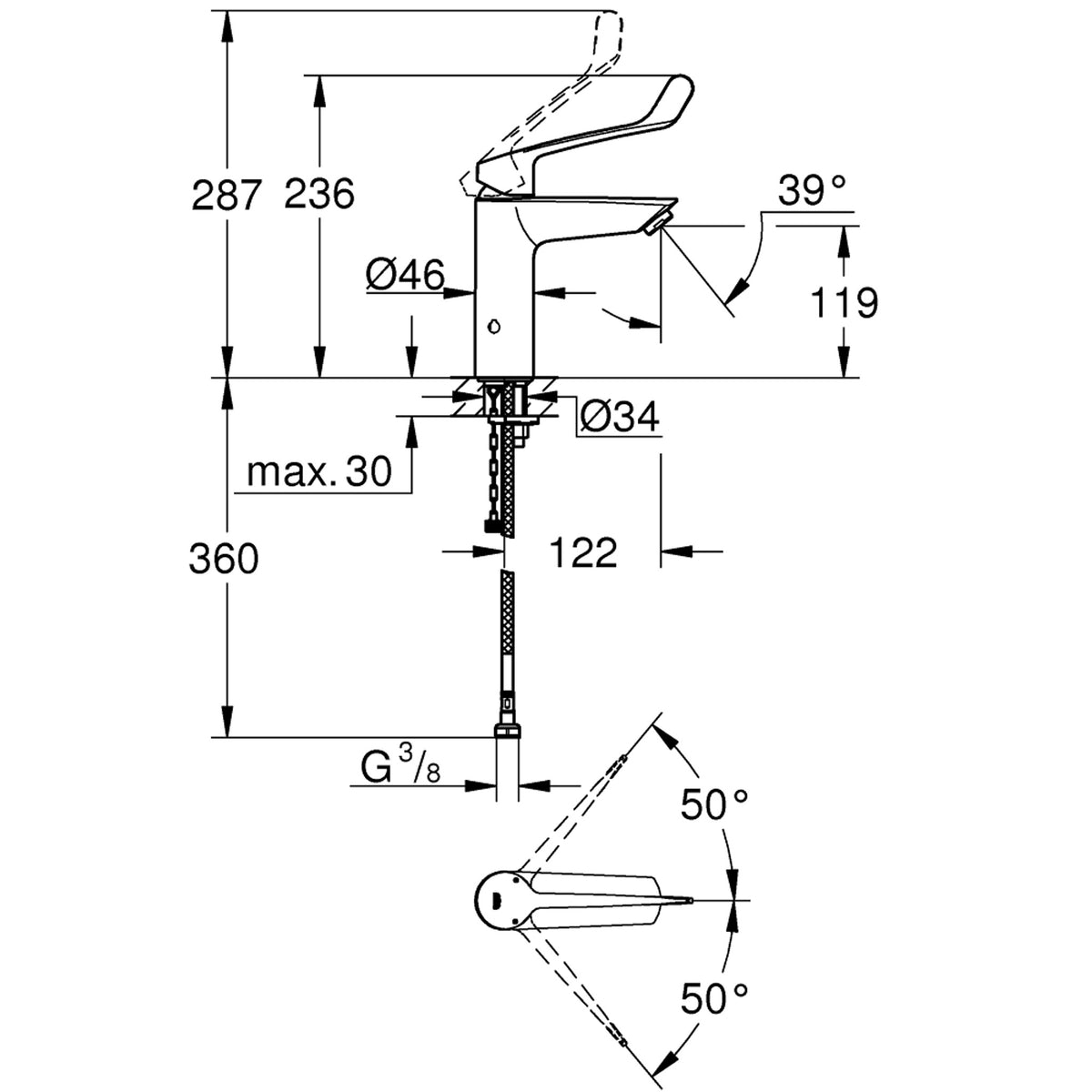 Grohe Eurosmart Termostatik Özellikli Doktor/Bedensel Engelli Lavabo Bataryası (M-Boy) - Teknik Çizim