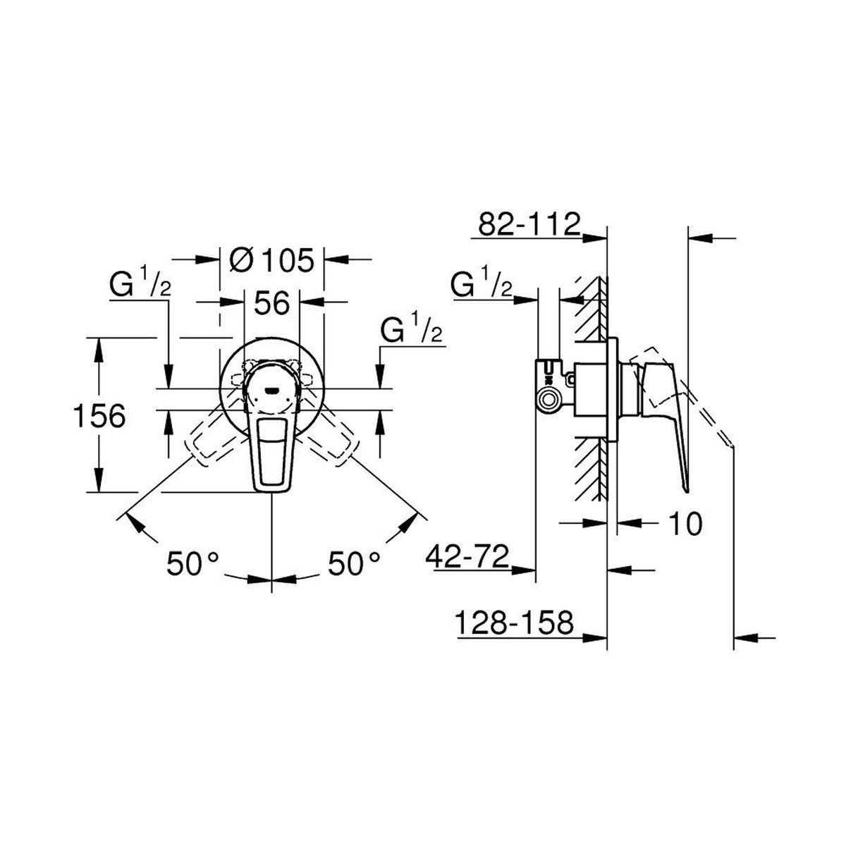 Grohe BauLoop Ankastre Duş Bataryası - Teknik Çizim