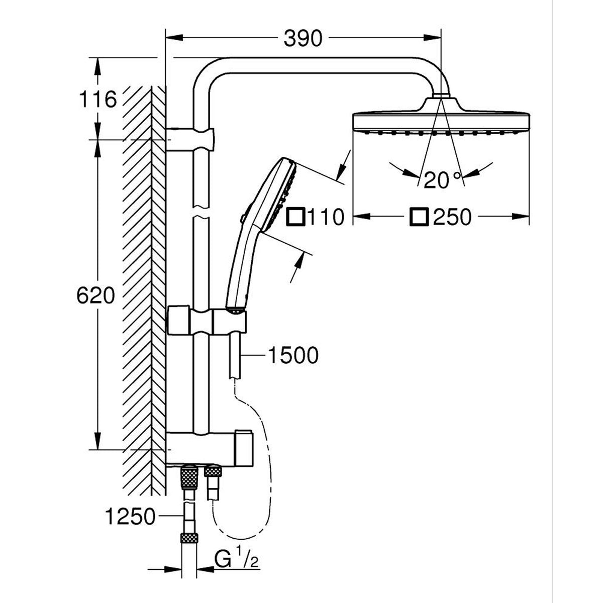 Grohe Tempesta System 250 Cube Kare Duş Başlıklı Duvara Monte Duş Sistemi - Teknik Çizim