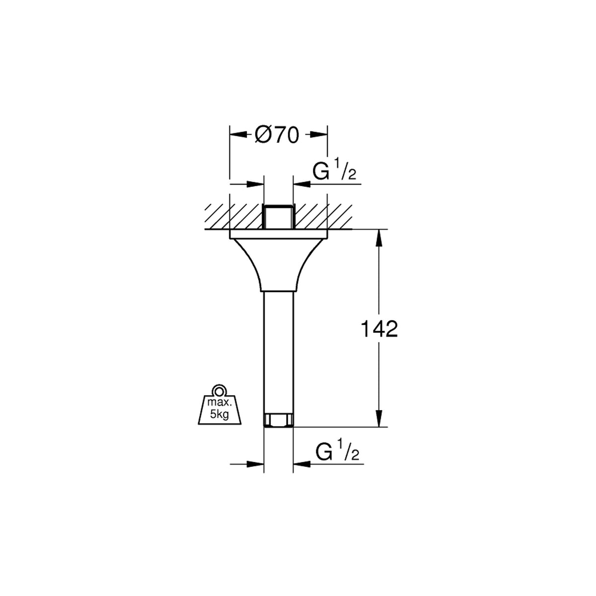 Grohe Rainshower Grandera Tavandan Duş Başlığı İniş Borusu, 142 mm - Teknik Çizim