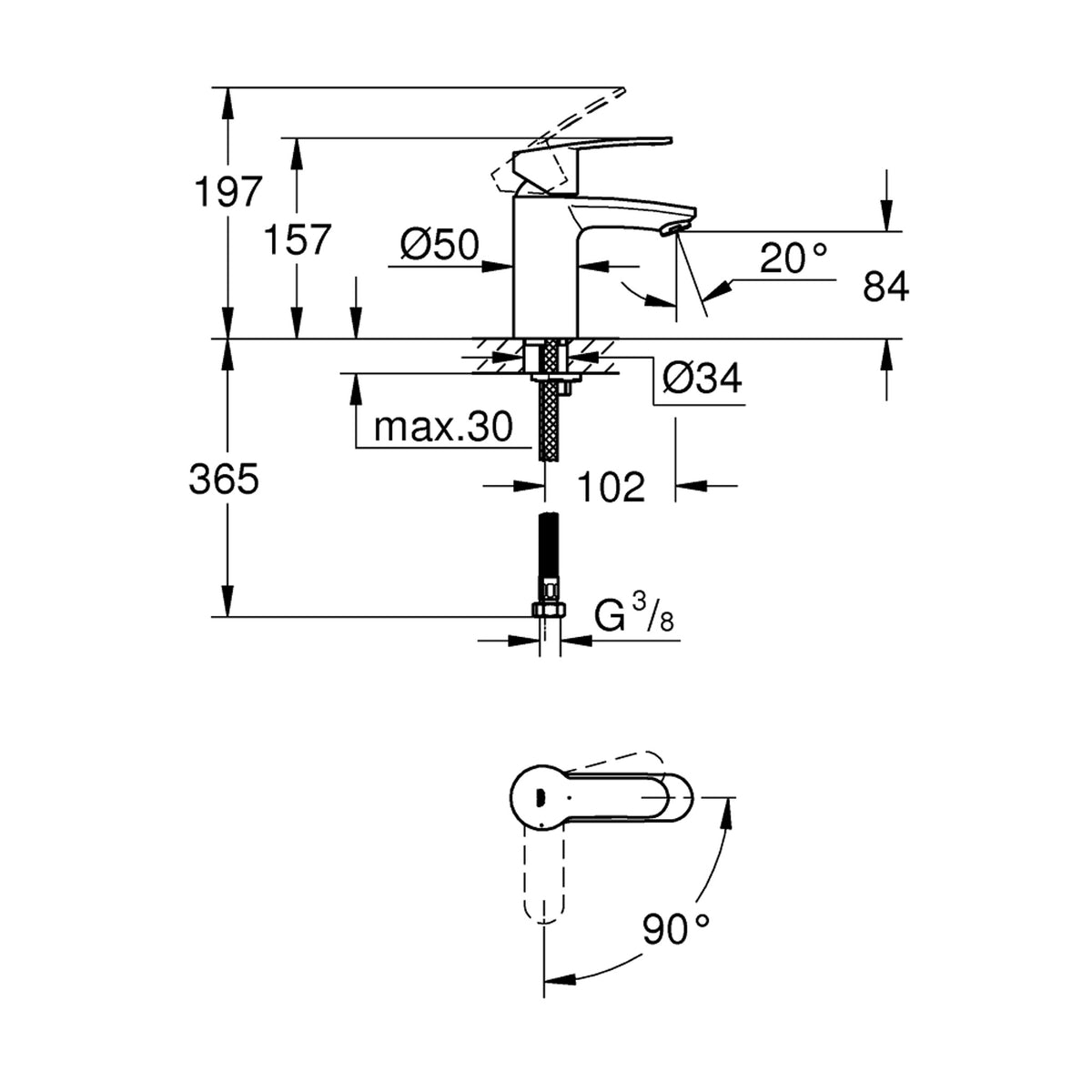Grohe Eurostyle Lavabo Bataryası (Cold Start) - Teknik Çizim