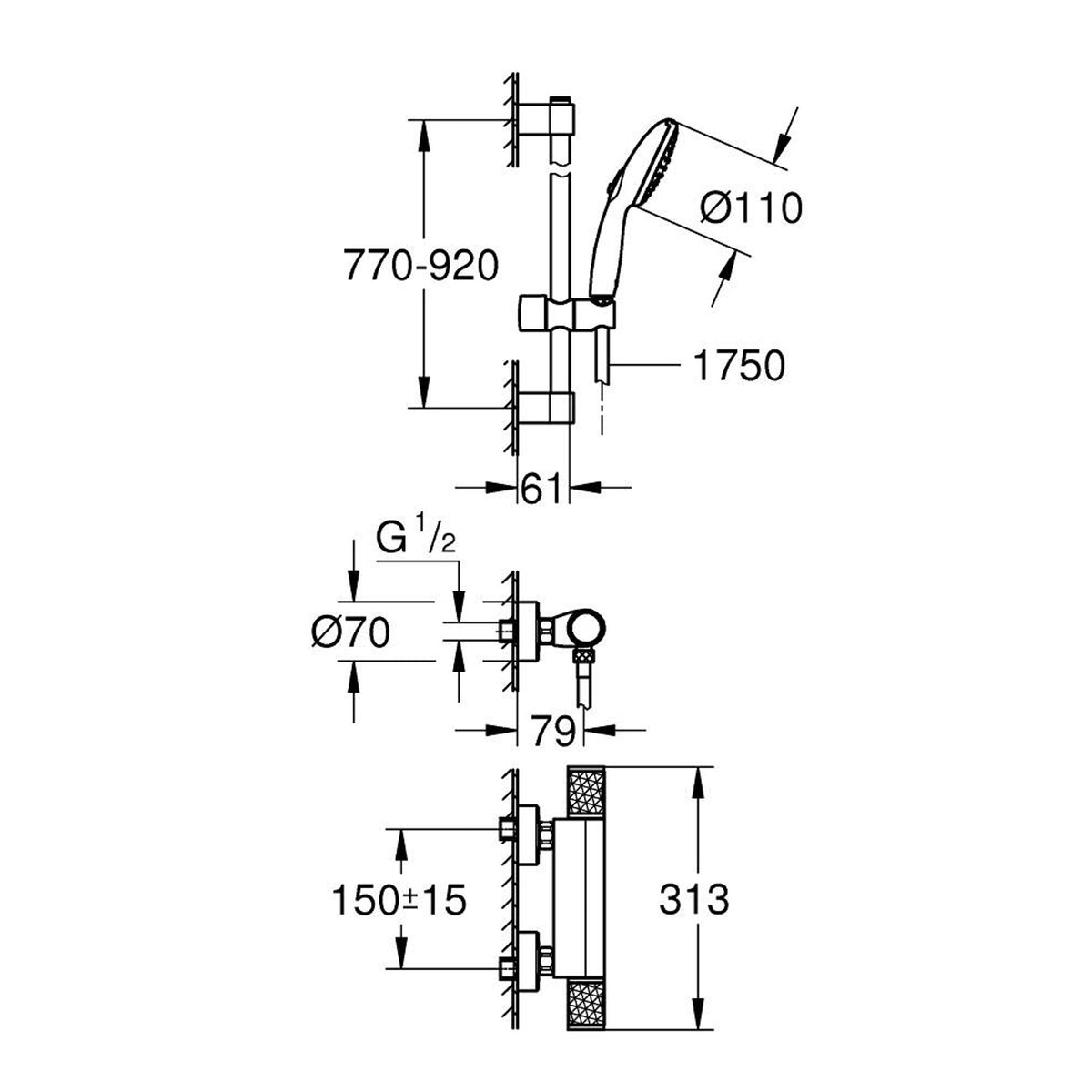 Grohe Grohtherm 1000 Performance Termostatik Duş Bataryası ve Sürgülü El Duşu Seti - Teknik Çizim