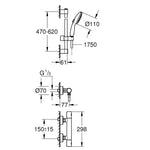 Grohe Grohtherm 800 Cosmopolitan Termostatik Duş Bataryası ve Sürgülü El Duşu Seti - Teknik Çizim