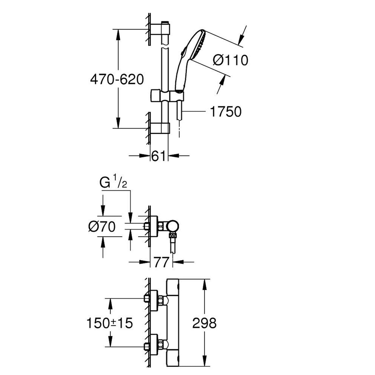 Grohe Grohtherm 800 Cosmopolitan Termostatik Duş Bataryası ve Sürgülü El Duşu Seti - Teknik Çizim