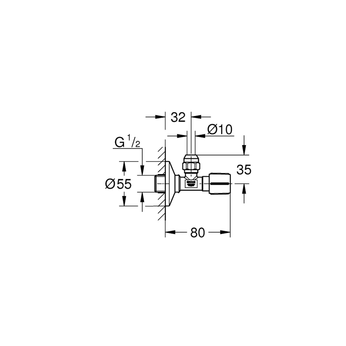 Grohe Ara Musluk (1/2 giriş, 3/8 çıkışlı), Mat Siyah - Teknik Çizim