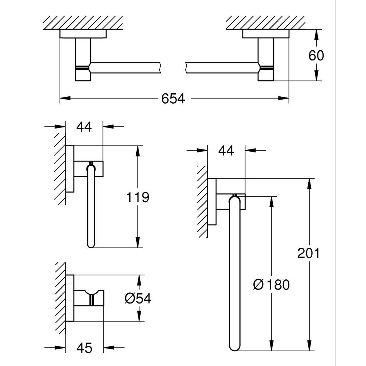 Grohe Essentials Dörtlü Banyo Aksesuar Seti - Teknik Çizim