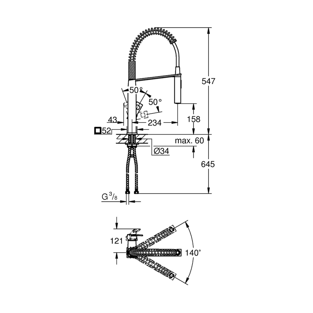 Grohe Eurocube Spiralli Eviye Bataryası, Paslanmaz Çelik - Teknik Çizim