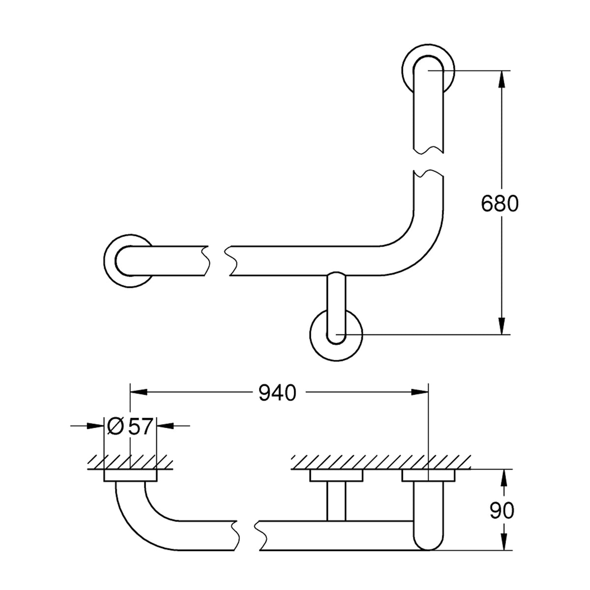 Grohe Essentials Küvet Tutamağı, 90 Derece - Teknik Çizim
