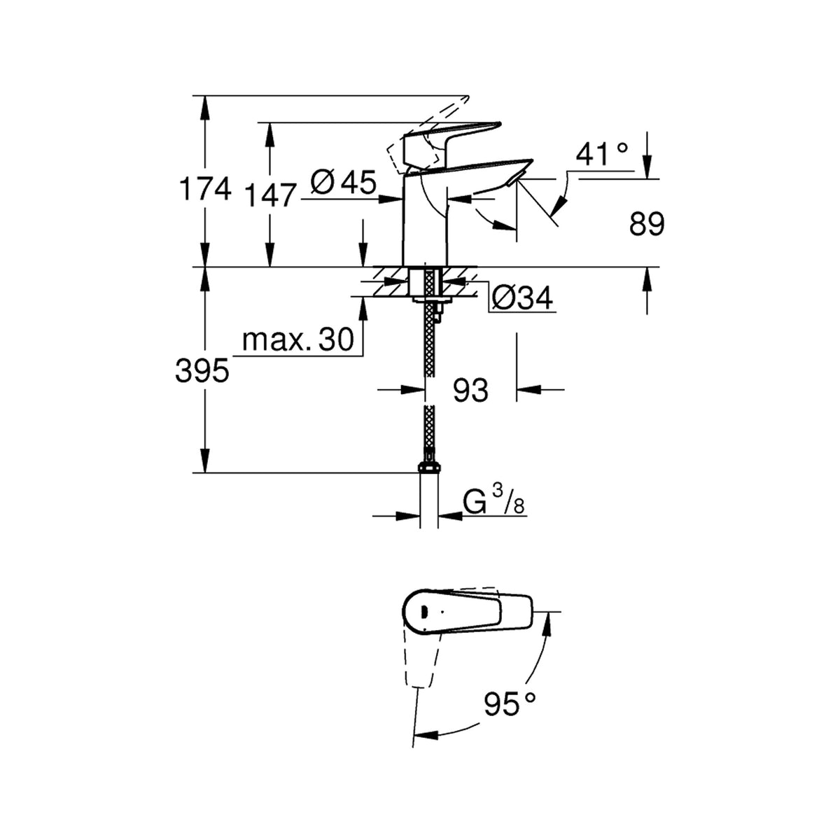 Grohe BauEdge Lavabo Bataryası (S-Boy) - Teknik Çizim