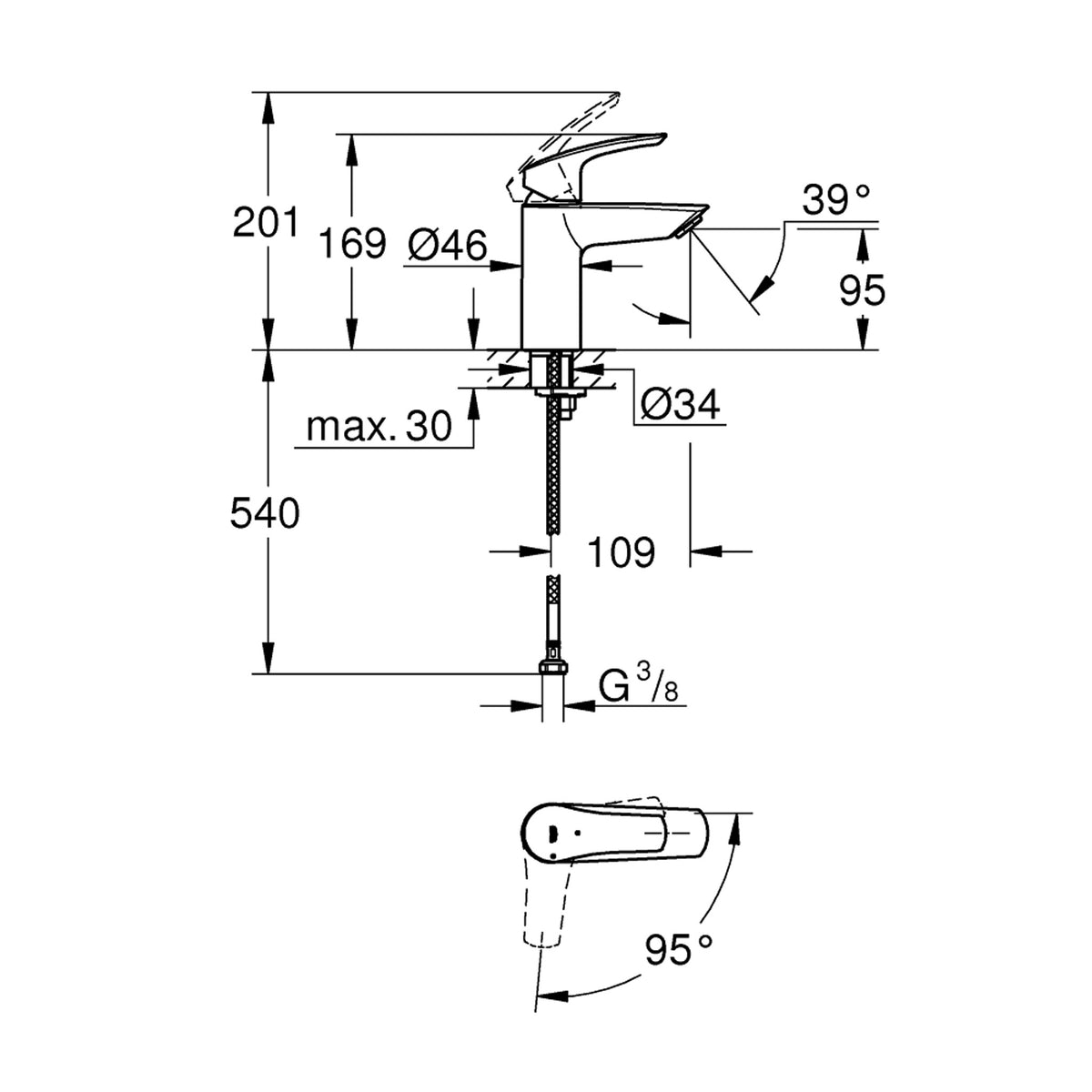Grohe Eurosmart Lavabo Bataryası (S-Boy) - Teknik Çizim