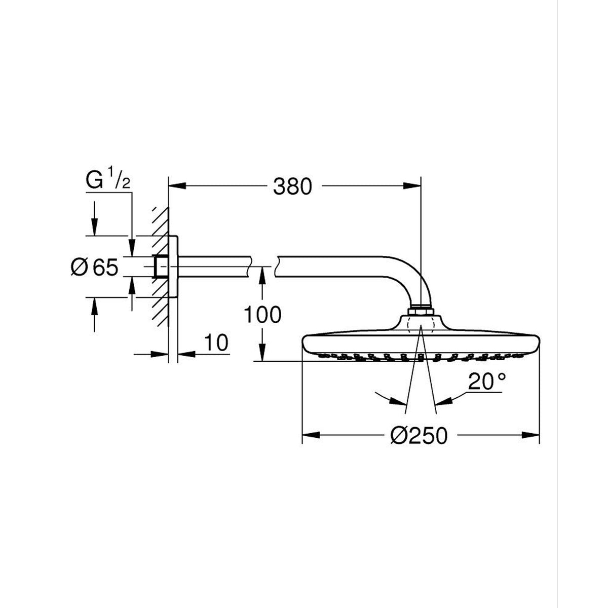 Grohe Tempesta 250 Yuvarlak Tepe Duşu Tek Akışlı, 25 cm (Duvardan Dirsek Dahil) - Teknik Çizim