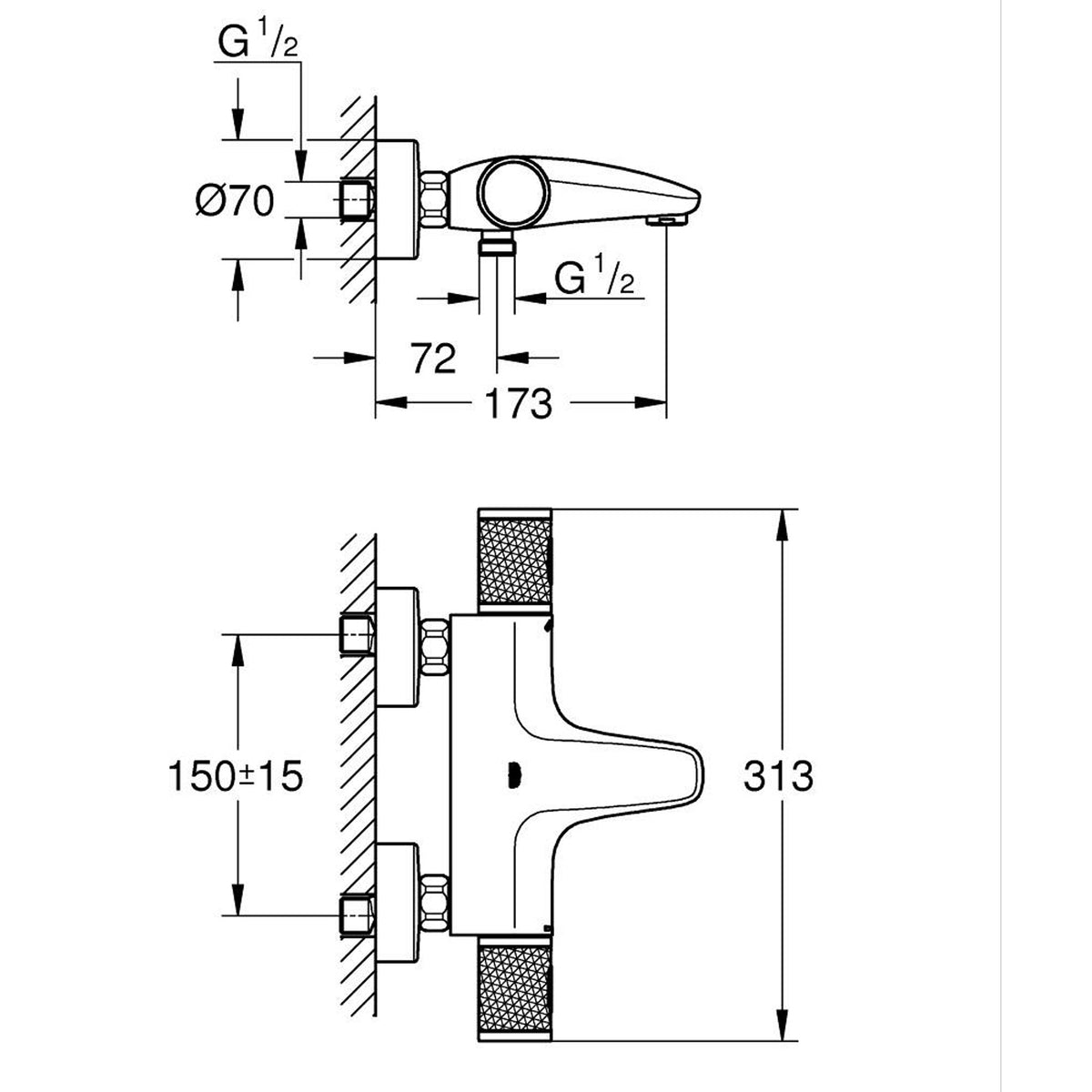 Grohe Grohtherm 1000 Performance Termostatik Banyo Bataryası - Teknik Çizim