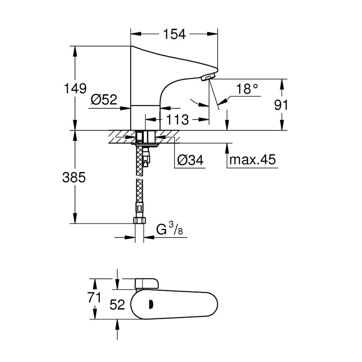 Grohe Europlus Fotoselli Lavabo Bataryası (Çift Su Girişli - Pilli) - Teknik Çizim