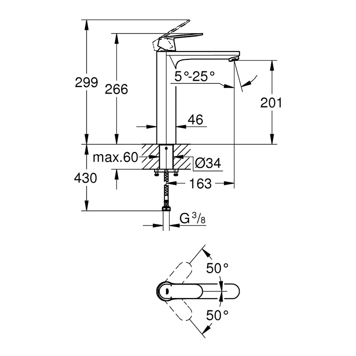Grohe Eurocosmo Tezgah Üstü Lavabo Bataryası - Teknik Çizim