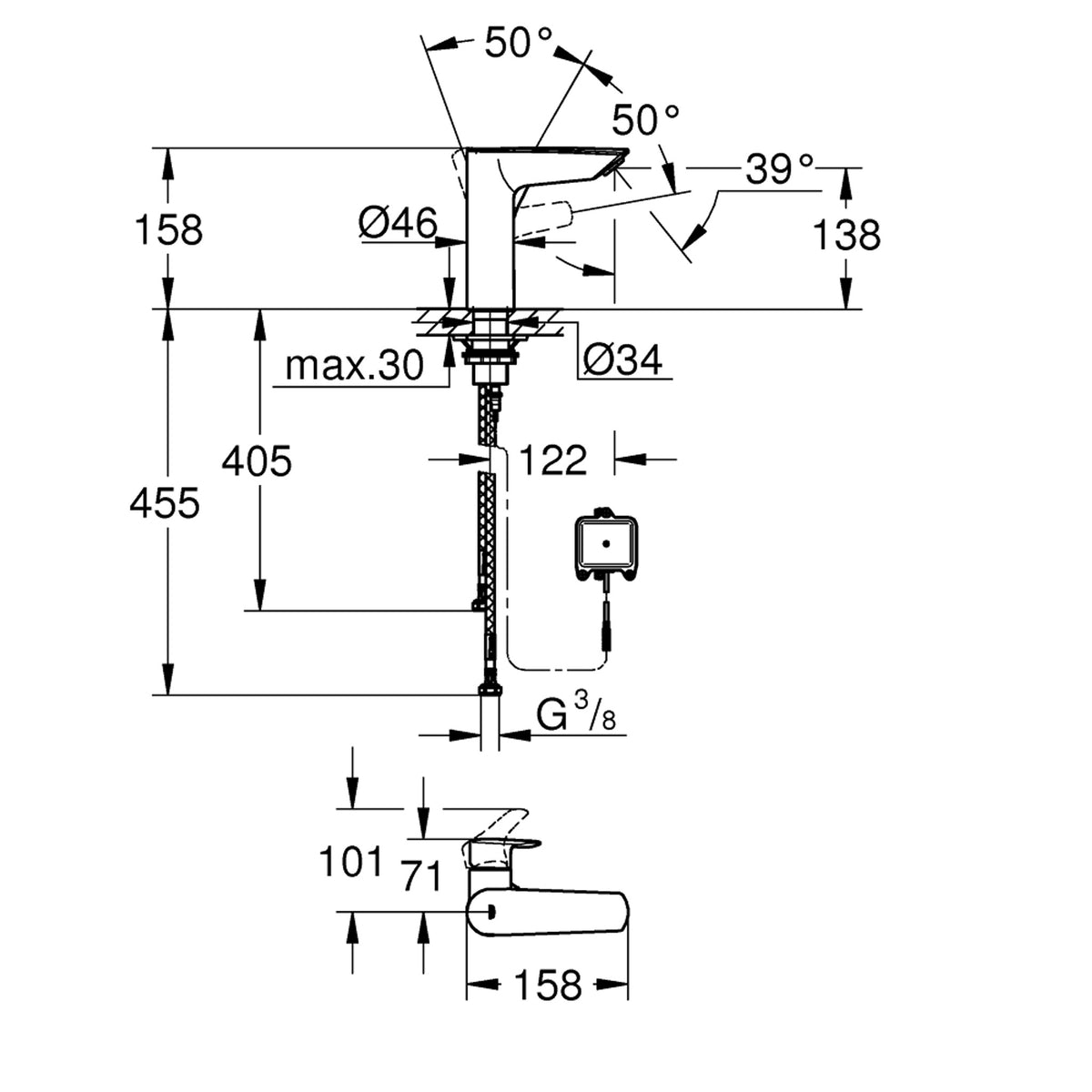 Grohe Eurosmart Fotoselli ve Manuel Kullanım Lavabo Bataryası (Pilli, Çift Su Girişli) - Teknik Çizim