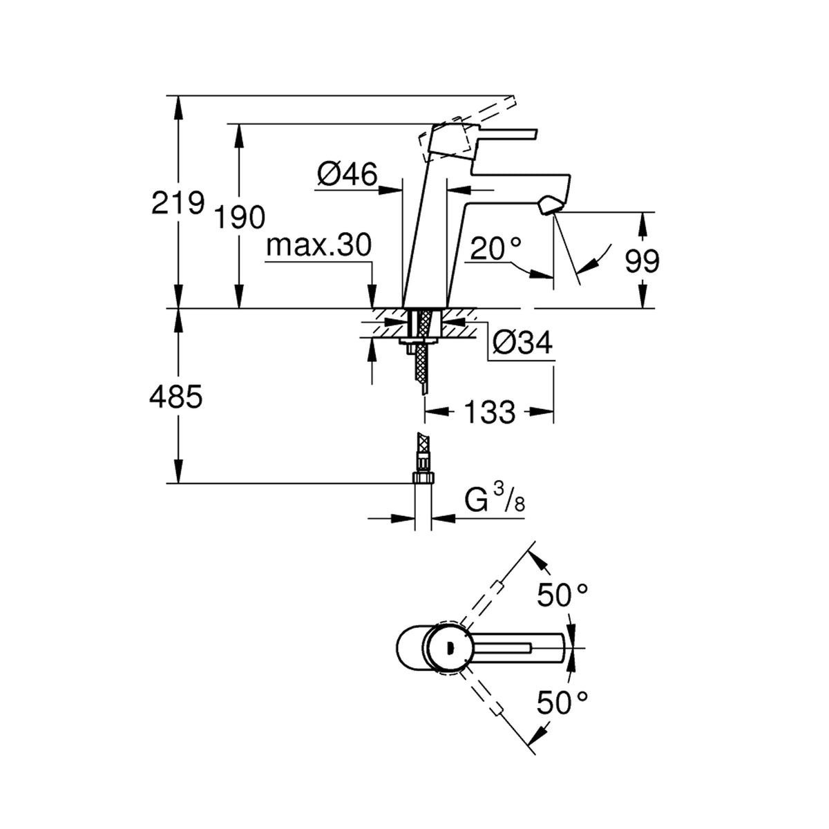 Grohe Concetto Lavabo Bataryası - Teknik Çizim