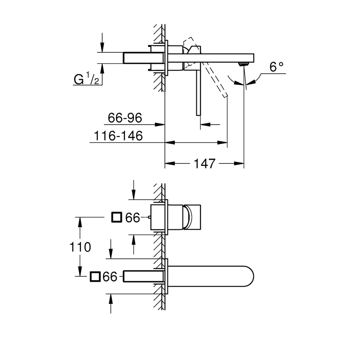 Grohe Plus Ankastre Lavabo Bataryası, (Sıva Üstü Grubu) M-Boy, Paslanmaz Çelik - Teknik Çizim