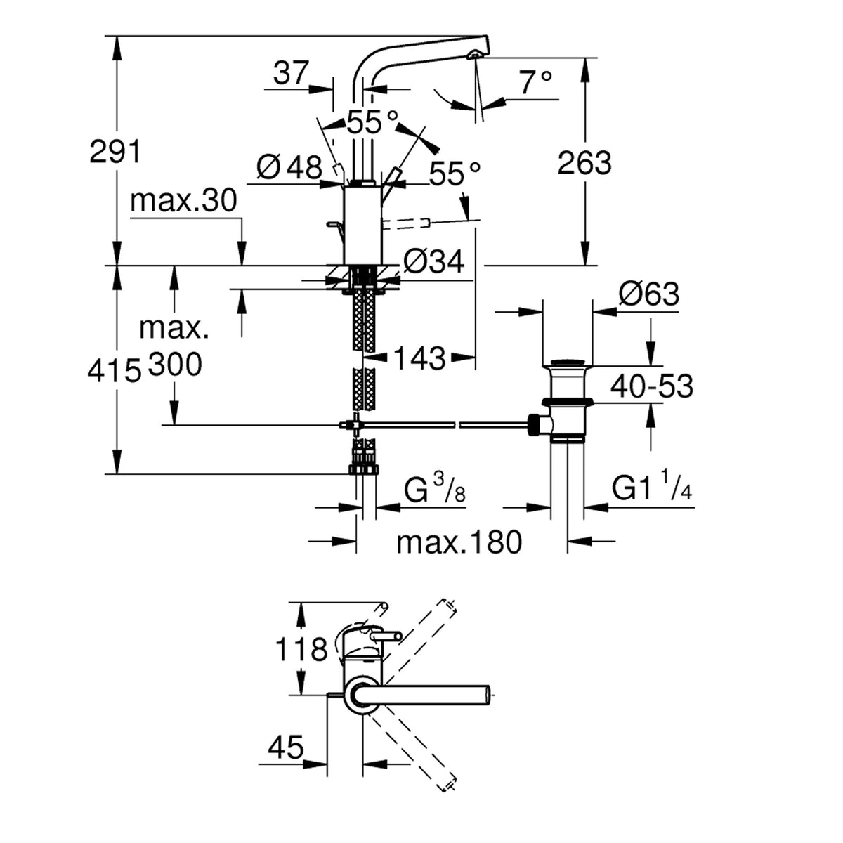 Grohe Concetto Yüksek Lavabo Bataryası, Sifon Kumandalı - Teknik Çizim