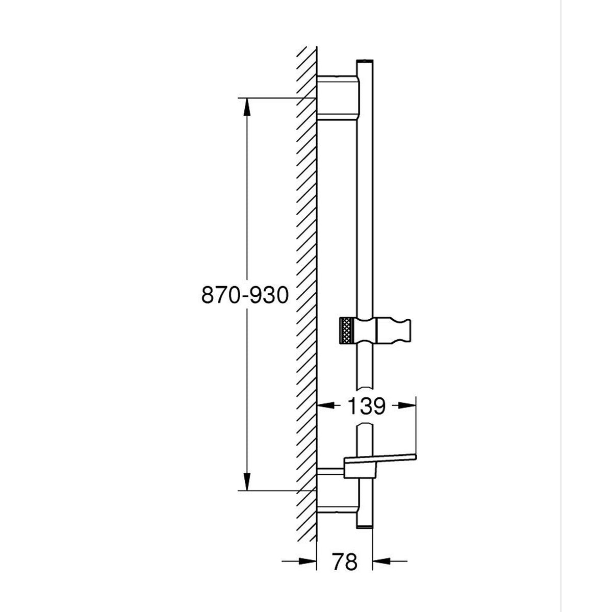 Grohe RainShower SmartActive Duş sürgüsü, 90 cm, Fırçalı Nikel - Teknik Çizim