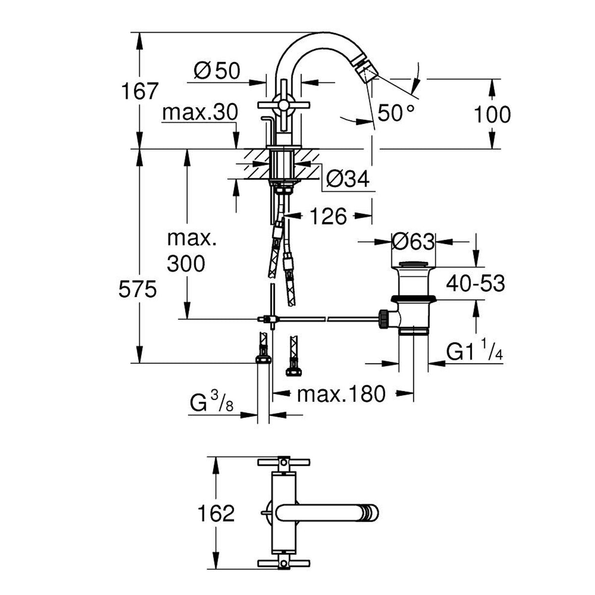 Grohe Atrio Sifon Kumandalı Bide Bataryası (M-Boy), Bakır - Teknik Çizim