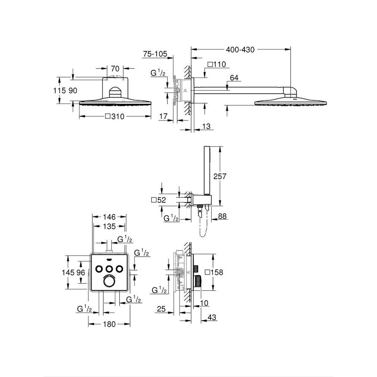 Grohe SmartControl Perfect Ankastre Banyo/Duş Bataryası, Tepe ve El Duşu Seti - Teknik Çizim