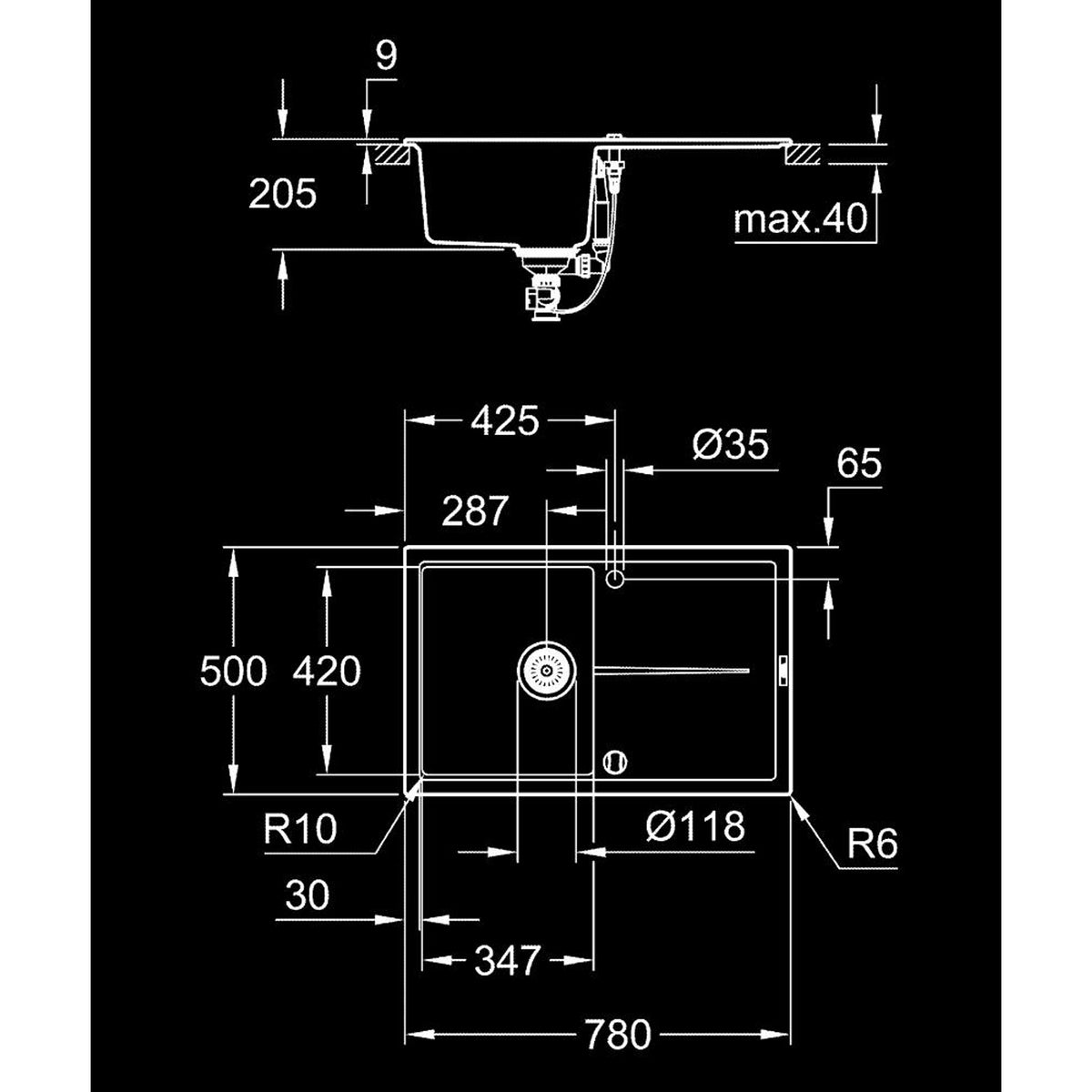 Grohe K400 Kompozit Damlalıklı 1 Gözlü Eviye, Granit Siyah - Teknik Çizim