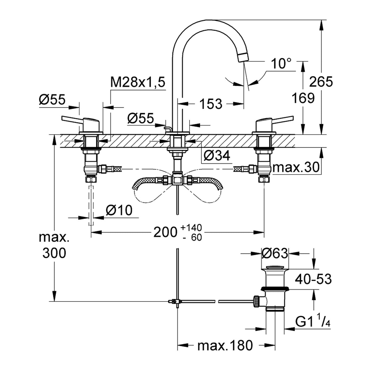 Grohe Concetto 3 Delikli Ankastre Lavabo Bataryası, Sifon Kumandalı - Teknik Çizim