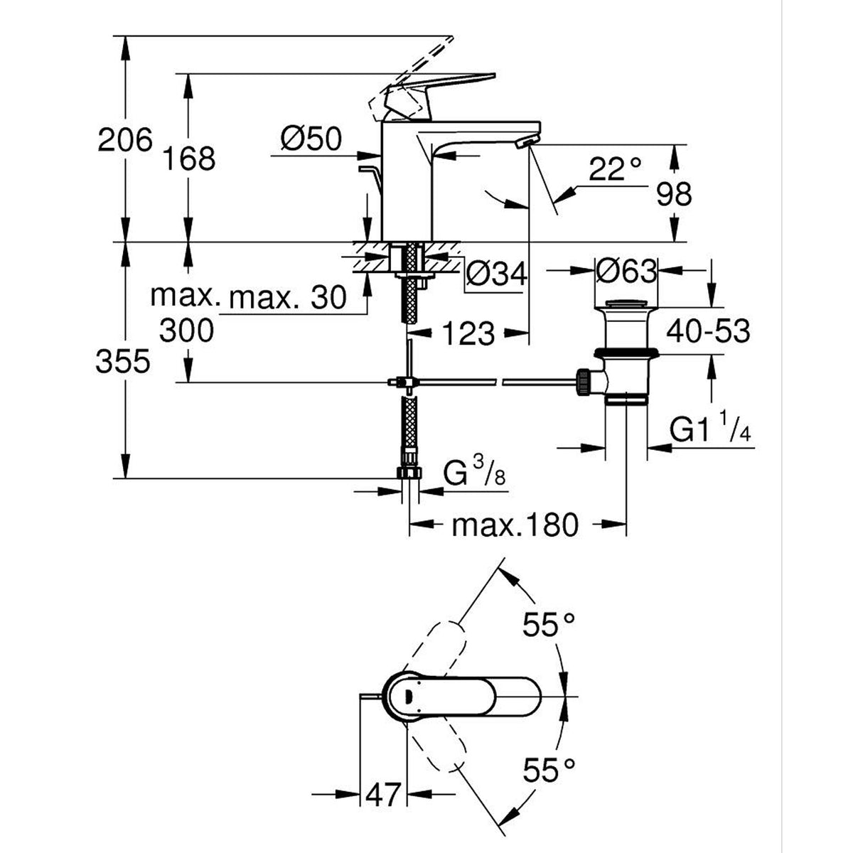 Grohe Eurocosmo Sifon Kumandalı Lavabo Bataryası - Teknik Çizim