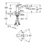 Grohe Eurosmart Spiralli Eviye Bataryası, Paslanmaz Çelik - Teknik Çizim