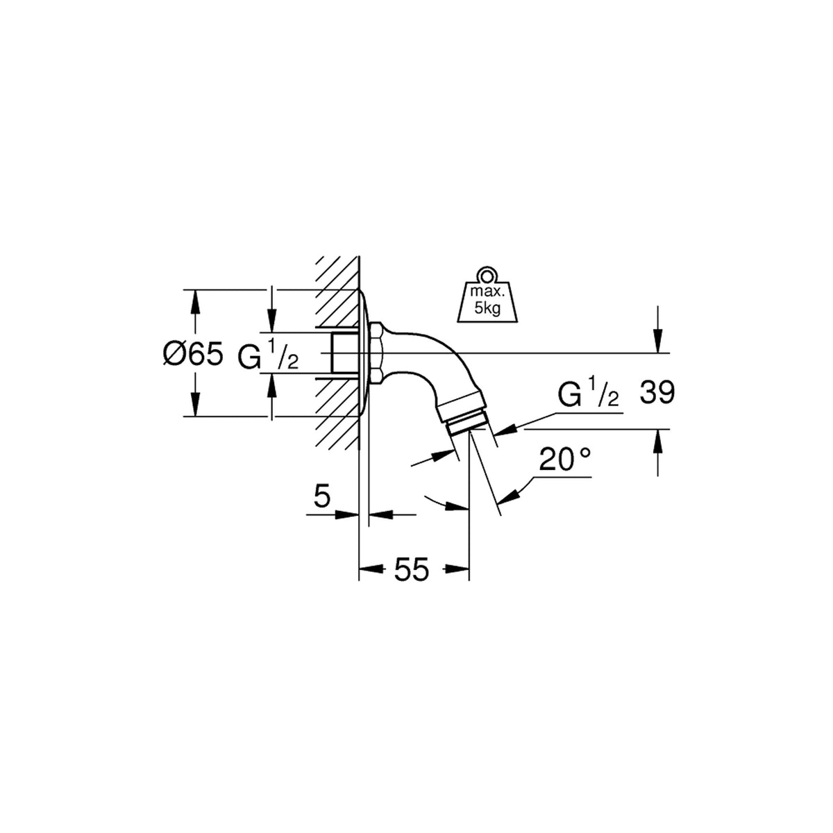 Grohe Relexa Duş Çıkış Dirseği, 55 mm - Teknik Çizim