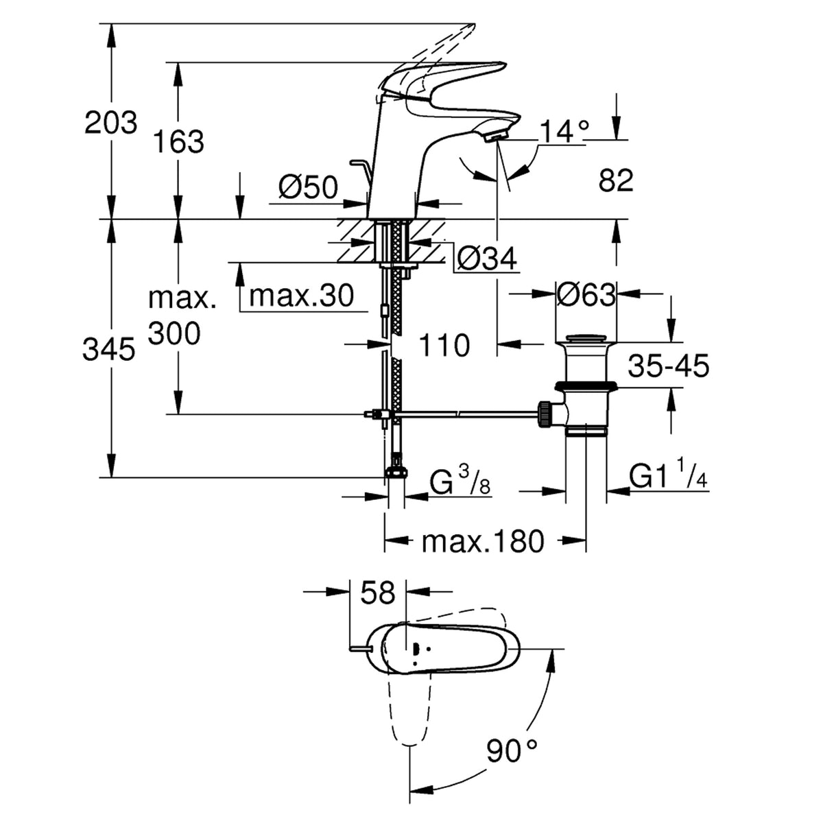 Grohe Eurostyle Lavabo Bataryası, Sifon Kumandalı - Teknik Çizim