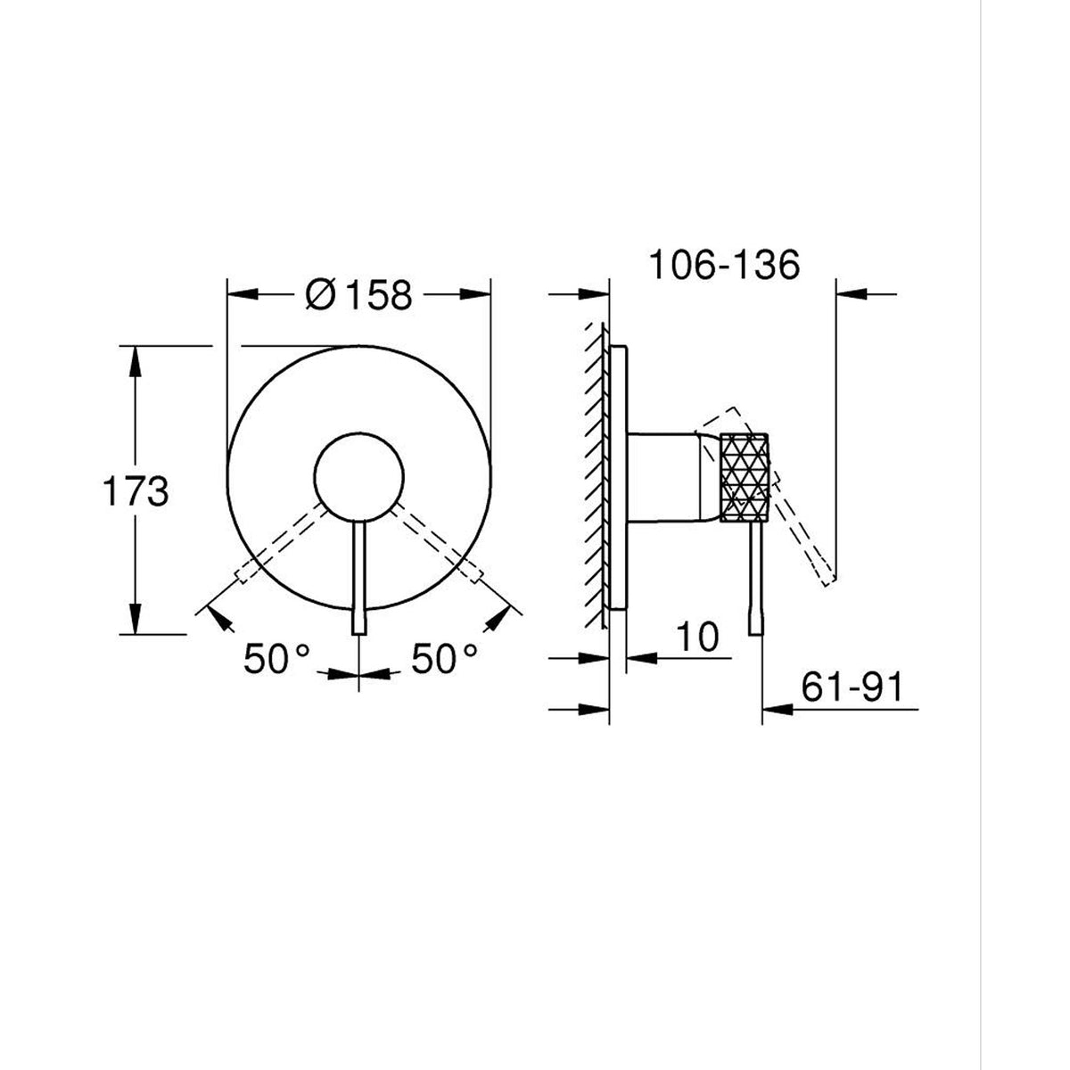 Grohe Essence Ankastre Duş Bataryası (Sıva Üstü Grubu), İşlenmiş Krom - Teknik Çizim
