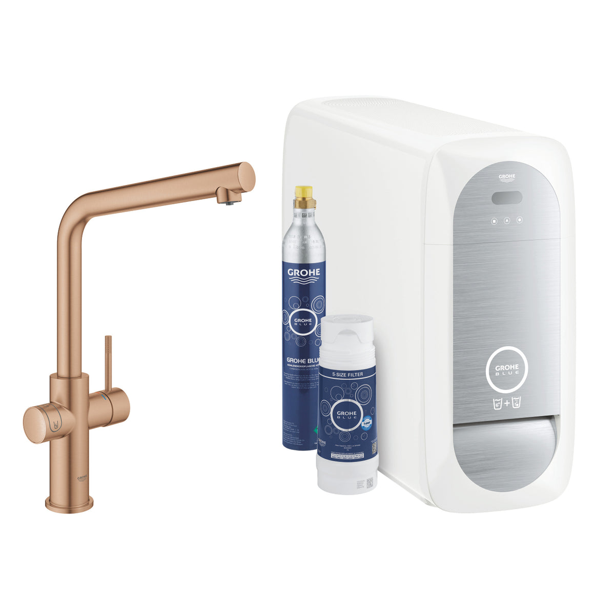 Grohe Blue Home Arıtmalı İçme Suyu ve Soda Yapan Eviye Bataryası, Fırçalı Bakır - Ürün Görseli
