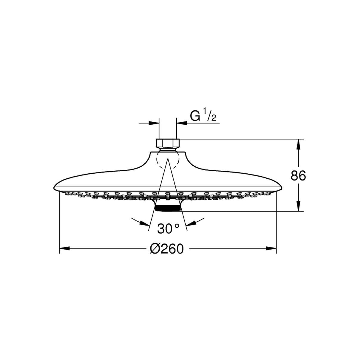 Grohe Euphoria Tepe Duşu, 3 Akışlı, 26 cm - Teknik Çizim