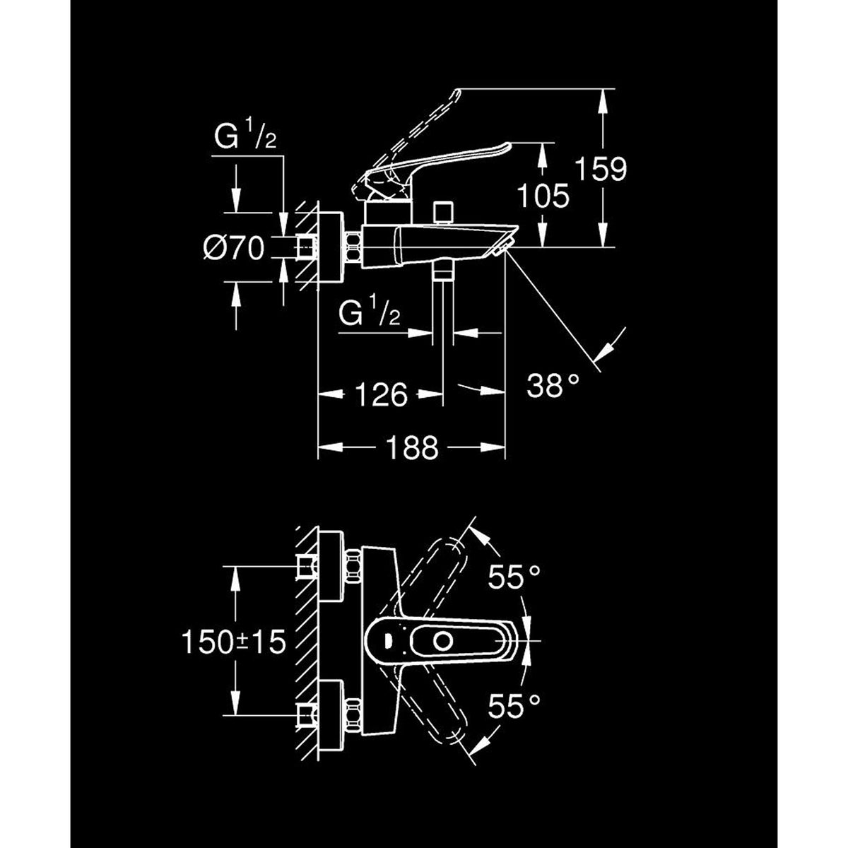 Grohe Eurosmart Banyo Bataryası - Teknik Çizim