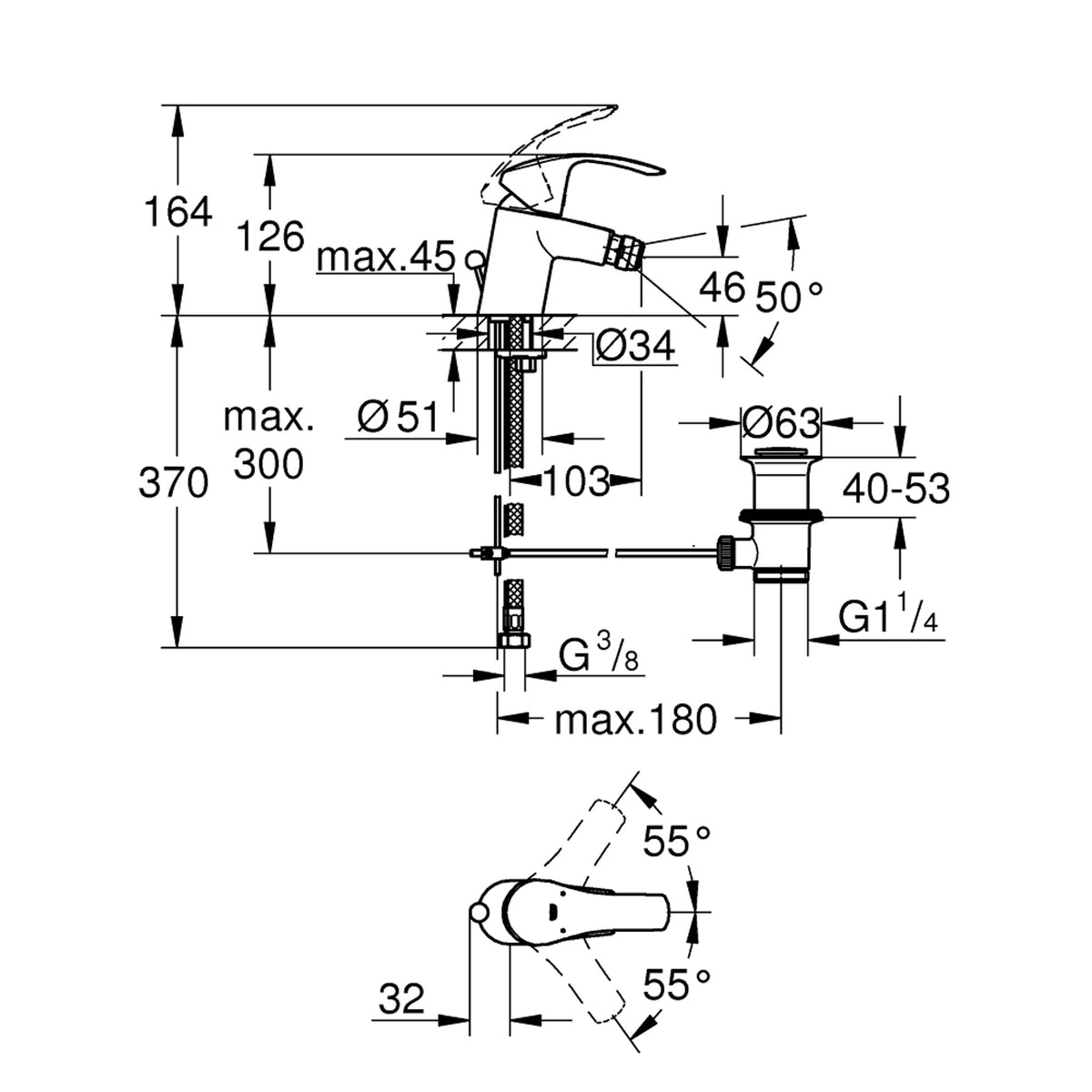 Grohe Eurosmart Sifon Kumandalı Bide Bataryası (S-Boy) - Teknik Çizim