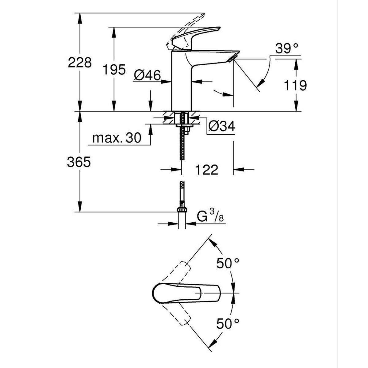 Grohe Eurosmart Lavabo Bataryası - Teknik Çizim