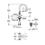 Grohe Atrio Yüksek Lavabo Bataryası (L-Boy), Altın - Teknik Çizim