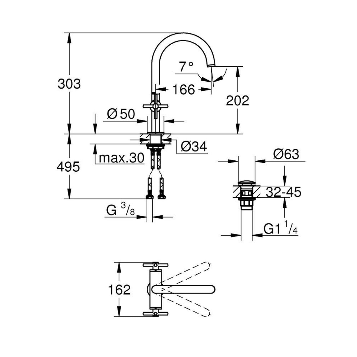 Grohe Atrio Yüksek Lavabo Bataryası (L-Boy), Altın - Teknik Çizim