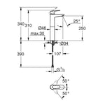 Grohe BauEdge Tezgah Üstü Lavabo Bataryası - Teknik Çizim