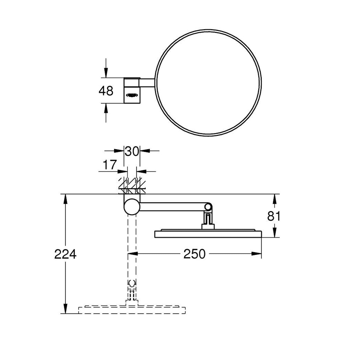 Grohe Selection Makyaj ve Tıraş Aynası, Fırçalı Altın - Teknik Çizim
